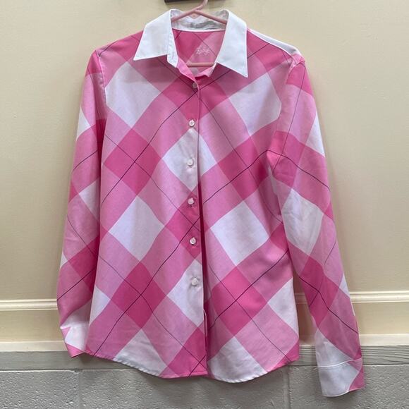Foxcroft women’s size 10 pink and white plaid button-down shirt - Picture 1 of 5